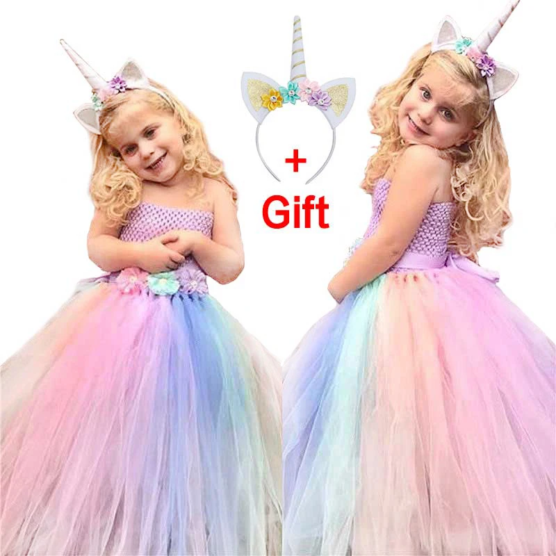 1-12Y Flower Girl Dresses Girls Unicorn Rainbow Dress Strapless Ankle Length Ball Gown For Birthday Party Wedding With Headgear