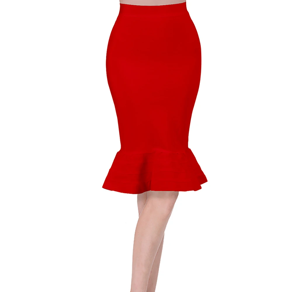 red new fashion high waist mermaid trumpet elastic knitted sexy women peplum pencil knee length bandage bodycon skirt - Цвет: Красный