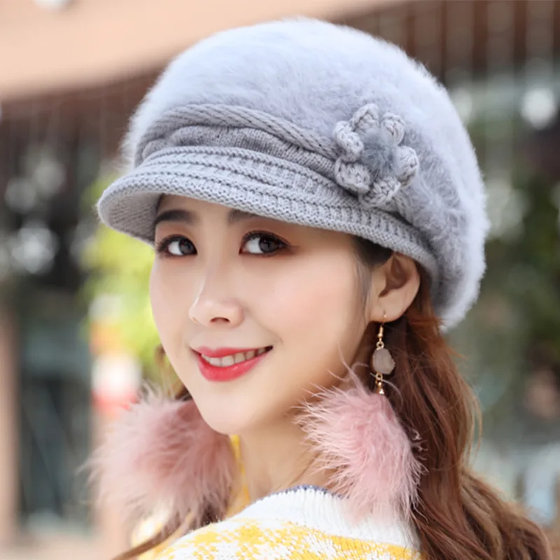 

Women Winter Cute Solid Wool Acrylic Knitted Warm Hats Female Warmer Rabbit Hair Flower Breathable Knit Baseball cap Brim K15