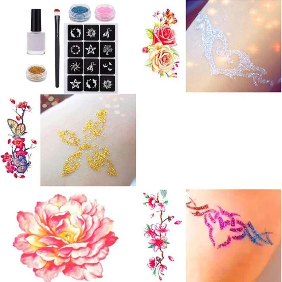

New Fashion Multicolor Glitter Tattoo Powder Temporary Tattoo Body Painting Kit Brushes Glue Stencils Gift Makeup Tattoo Set