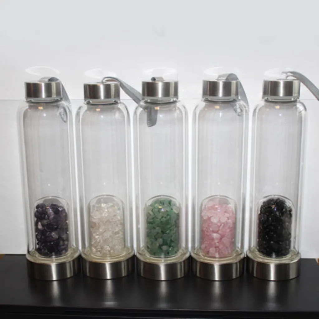 

Natural Crystal Quartz Gravel Glass Water Bottle Gemstone Healing Glass Energy Elixir Water Bottle Home Office School Gift