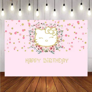 

Backdrops for Photography Cute Cat Princess Girl Birthday Party Golden Dots Pink Flower Background Decor Backdrop Photo Studio