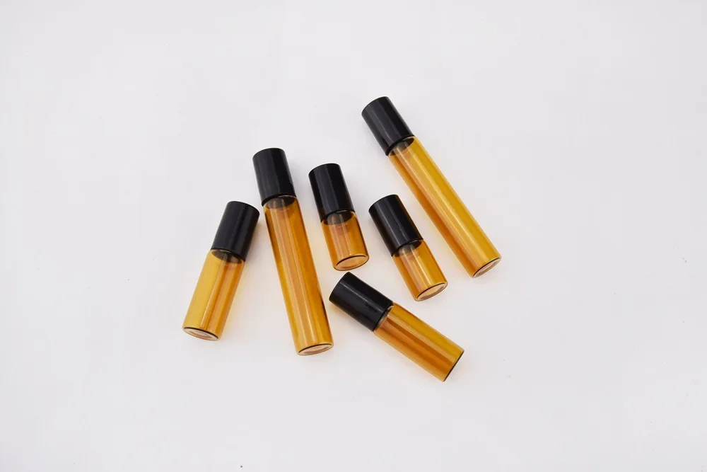 20pcs/lot 3ML 5ML 10ML Amber Thin Glass Roll on Bottle Sample Test Essential Oil Perfume Vials with Black Roller Metal Ball