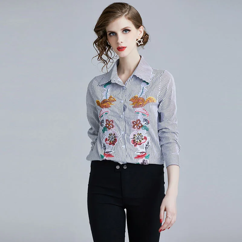 

PADEGAO Women Shirt Embroidery Striped Long Sleeve Female Joker Casual Shirt 2019 New Fashionable Arrival Summer Underwear Shirt