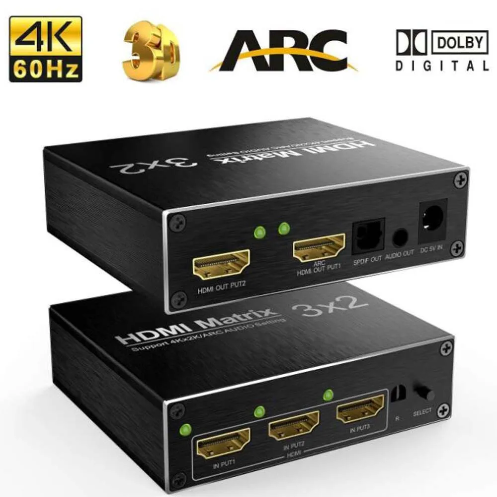 HDMI Matrix 3X2 Hdmi Splitter 4K 60Hz HDCP1.4 Ultra HD 1080P witch Optical TOSLINK&R/L 3.5mm Audio Extractor Supports ARC