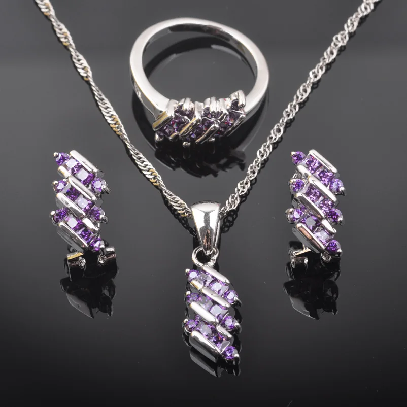 Фиолетовый Цирконий женский Австралия со стразами 925 стерлингового серебра Ювелирные наборы ожерелье кулон серьги кольцо QZ0545
