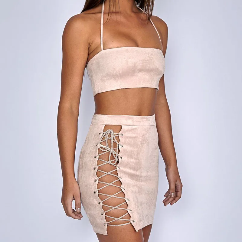 

Two Sets Lace Up Suede Leather Skirts Sexy Short Mini Lady Beach Skirt Summer 2018 Women Red Green Bandages Skirts Faldas Mujer