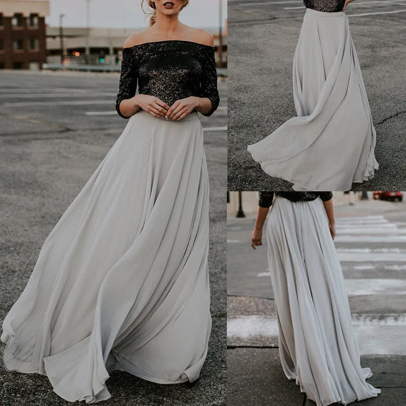 Для женщин, серый Свободные расклешенные цыганский Бохо длинная юбка макси Высокая талия юбка вечерние пляжные Вечеринка