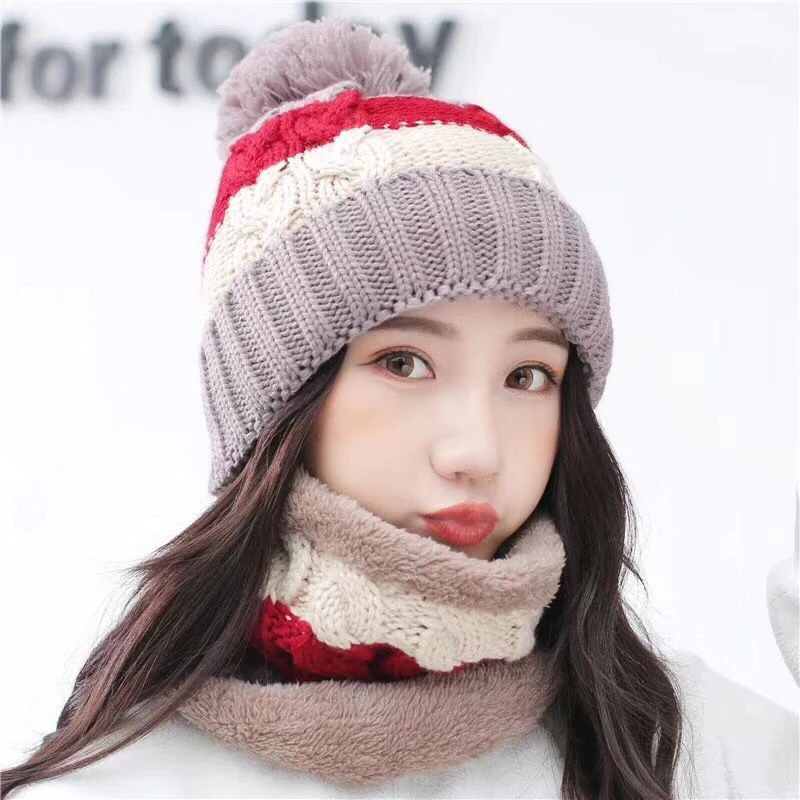 

Fashion Pompoms Winter Hat for Women Casual Solid Warm Hats Scarf Knitted Beanies Cap Brand Thick Female Cap Wholesale 2018 New
