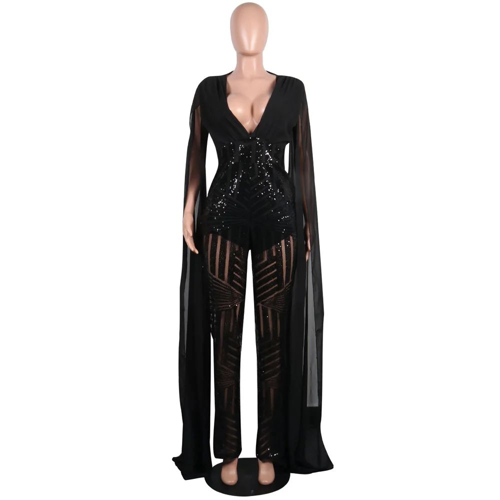 Plus Size Cape Split Extra Long Sleeve Sequins Jumpsuit Women Backless V Neck Night Club Party Romper Sexy See Through Overalls