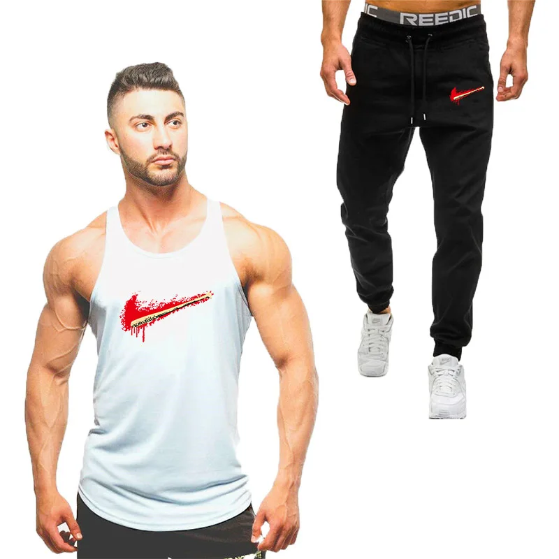 

New fashion cotton sleeveless shirts tank top+Pants men Fitness shirt mens singlet Bodybuilding workout gyms vest fitness Sets