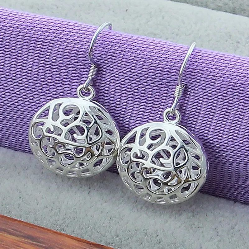 

Retro Pure Silver Jewelry 925 Sterling Silver Earrings Simple Fashion Hollow Round Circle Drop Earrings For Women/Girls