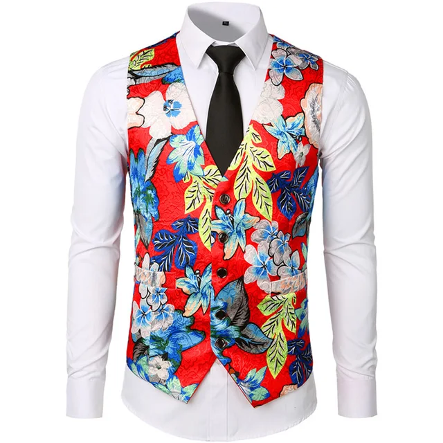 Mens Floral Print Suit Vest Men Slim Fit Single Breasted Vest Waistcoat