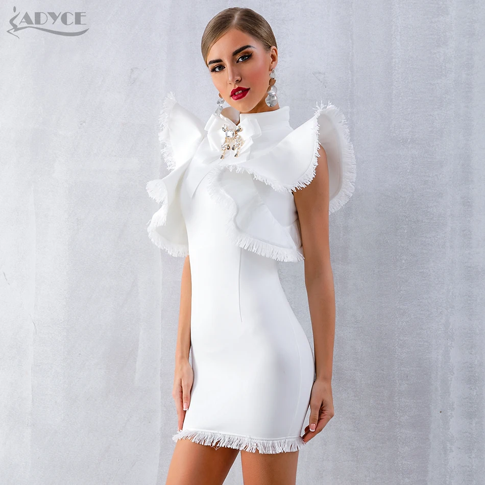 Adyce Summer Women White Celebrity Party Dress Vestidos Verano 2019 Sexy Sleeveless Ruffles Tassel Black Mini Bodycon Club Dress