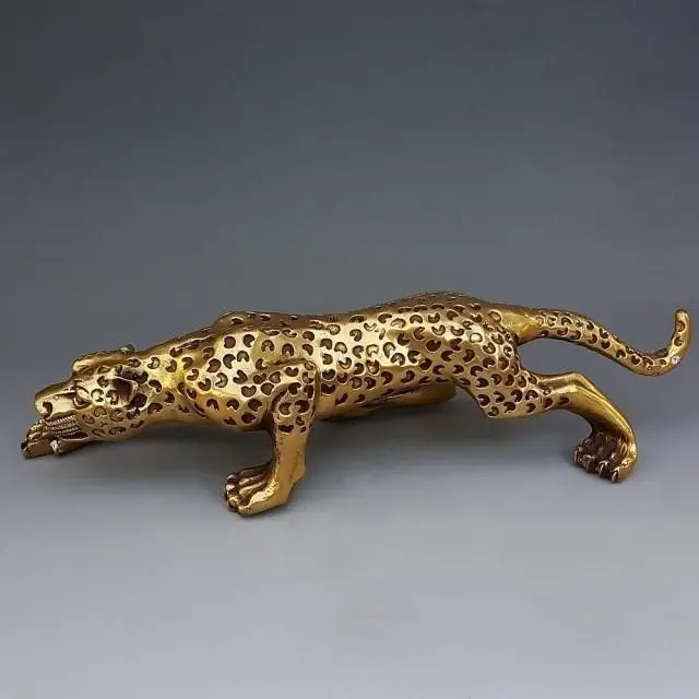 Chinese Folk FengShui Pure Brass Leopard Cheetah Animal Statue