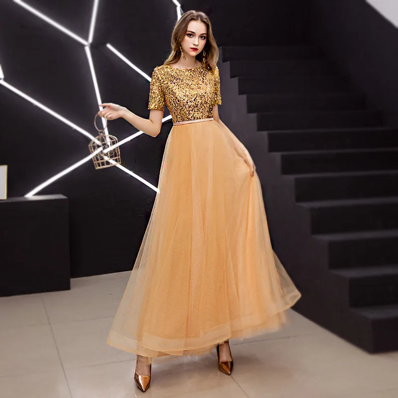 JaneVini роскошное Золотое платье для выпускного вечера с блестками, короткий рукав, фатиновая юбка, платья подружек невесты, длинное ТРАПЕЦИЕВИДНОЕ женское вечернее платье