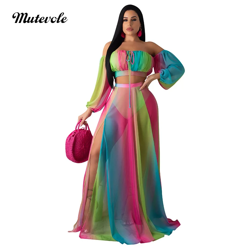 

Mutevole See Through Chiffon Two Piece Long Dress Women Crop Top and Skirt 2 Piece Outfit Set Sexy Transparent Mesh Party Set