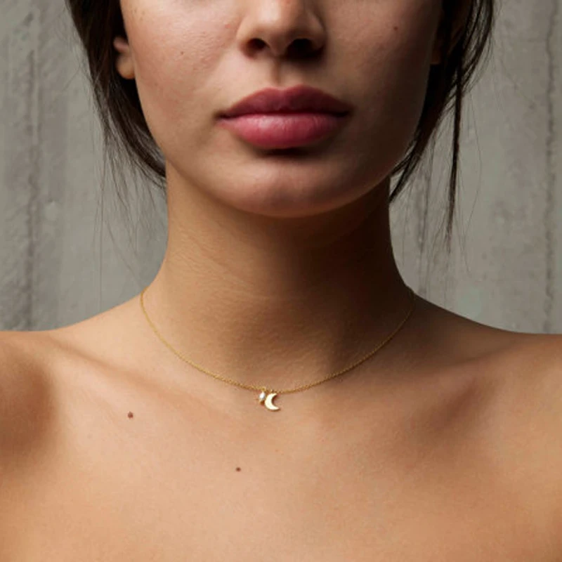 

Boho Gold Silver Color Invisible Chain Imitation Pearl Moon Choker Necklace Women Fashion Jewelry colar collares kolye collana