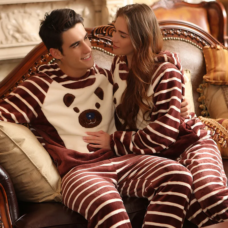 

Winter Warm Flannel Women's Pajamas Set Coral Fleece Bear Cartoon Sleepwear Men Pyjamas Mujer Lady Casual Home Clothing 3XL