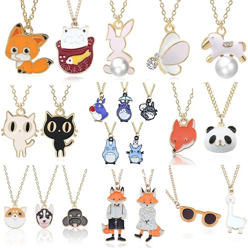 DIY Cartoon Enamel Dragon Bird Fox Rabbit Pendant Chinchilla Cat Necklace For Women Kawaii Animal Family Choker Jewelry Collares