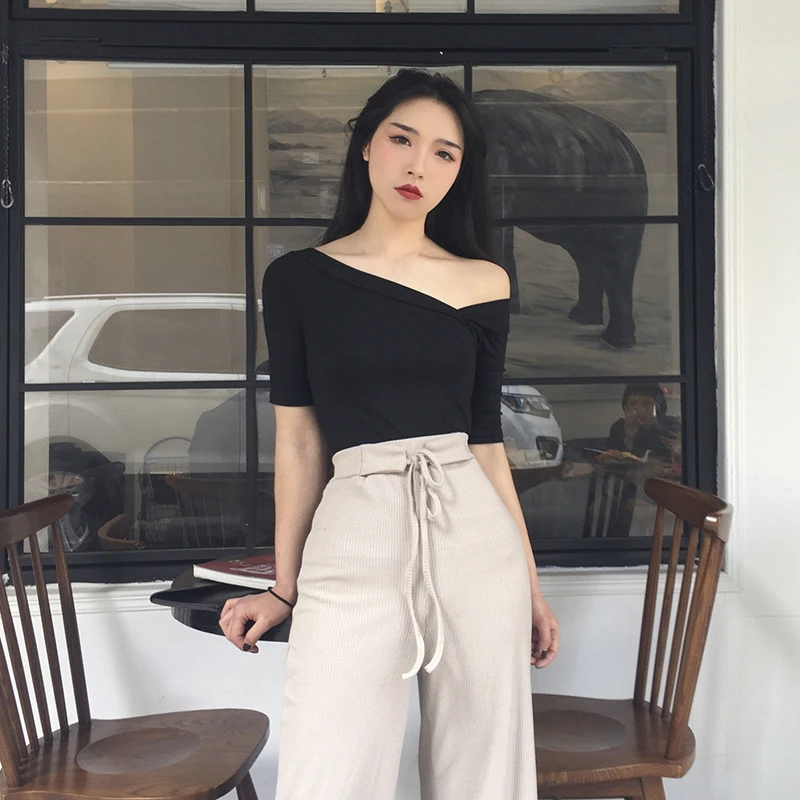 One Shoulder Irregular  T-Shirt Lady Sexy V-Neck Short Sleeve Slim Tops Summer Oblique Collar Solid Color Shirt Women