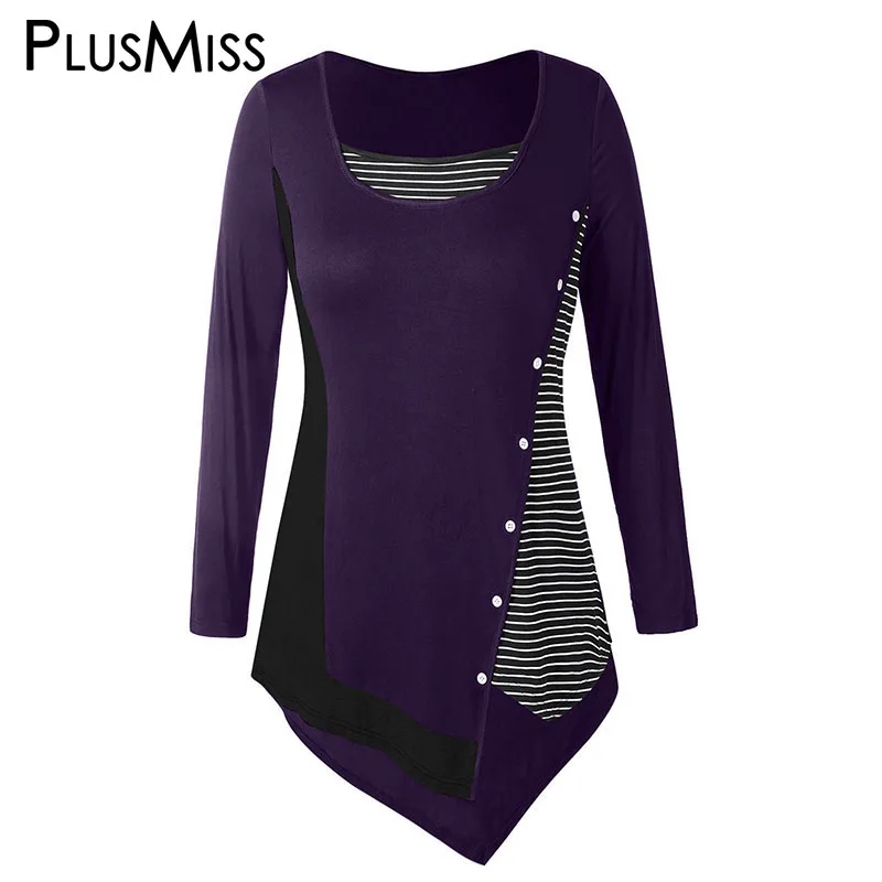 PlusMiss размера плюс 5XL с ассиметричными полосками с длинным рукавом Футболки XXXXL XXXL XXL популярной модели, большие Размеры Повседневное длинная туника футболки Для женщин - Цвет: Фиолетовый