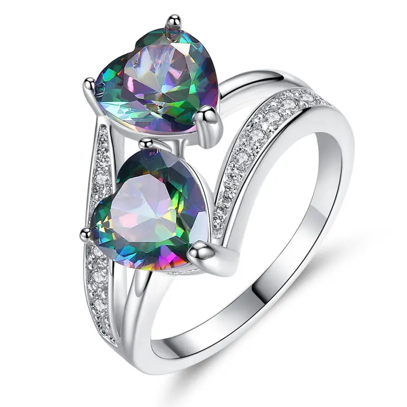 

Silver Colorful Crystal Rhinestone Rings Cubic Zircon Female Double Heart Rings For Women Wedding Party Jewelry Gift