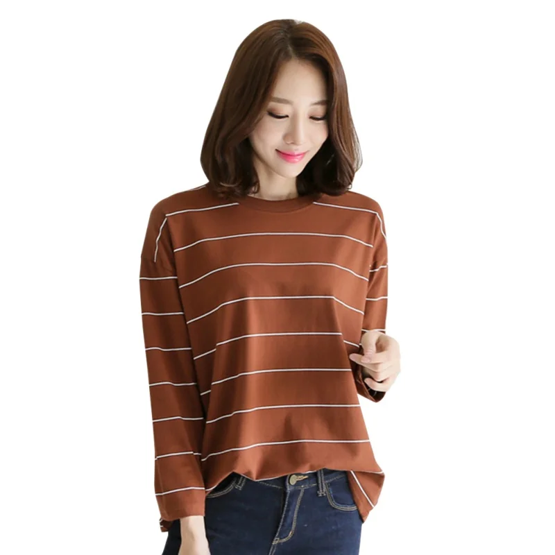 

ZH 2018 Korean Style Long Sleeve O-neck T Shirts Women New Hot Sale Student T-shirt Womens Fashion Striped Female Femme Lady H