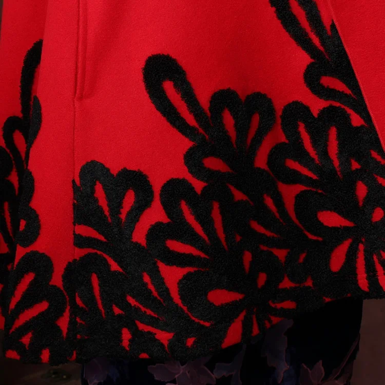 Традиционная китайская Длинная накидка пальто женская красная/черная шерстяная куртка