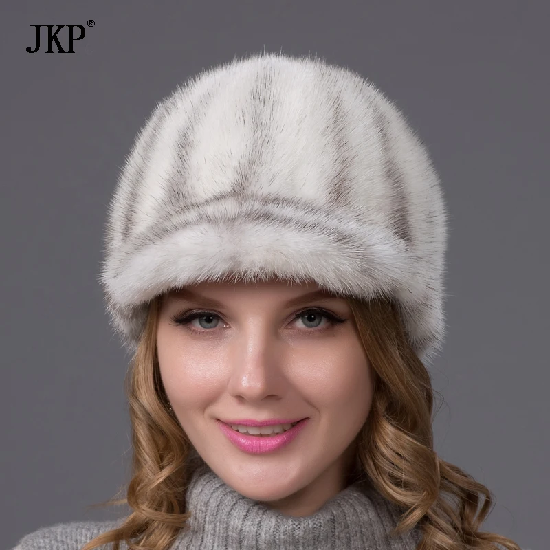 

JKP 100% Natural Whole Fur Mink Fur Caps Visors Cute for Women Real Leather Winter Mink Fur Ear Protection Hat