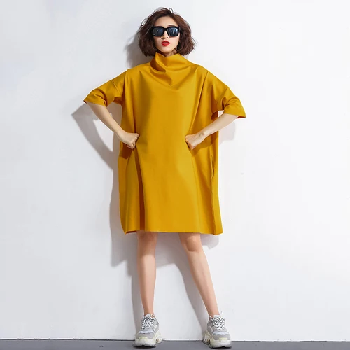 Goede F amp; JE 2018 en najaar Nieuwe mode Half mouw Vrouwen Losse Jurk Coltrui knielange Casual Jurken plus Size G2