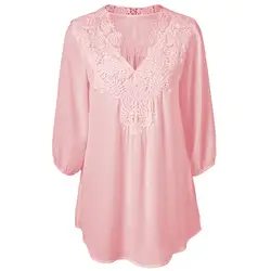 FT1007 женская Свободная шифоновая блузка 3/4 рукав кружева пэчворк v-образным вырезом Модные топы сплошной цвет пуловер рубашки плюс размер L-5XL