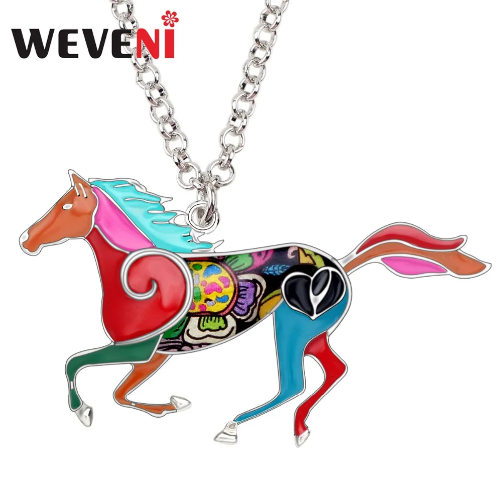 

WEVENI Enamel Alloy Metal Running Horse Necklace Pendant Chain Choker Wild Animal Jewelry For Women Girls Teens Wholesale Party