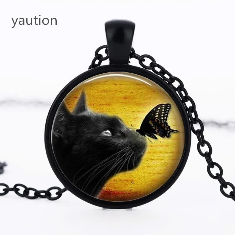 

1pcs vintage black cat glass pendant necklace black butterfly pendnat Art picture necklace bestselling divination Jewelry