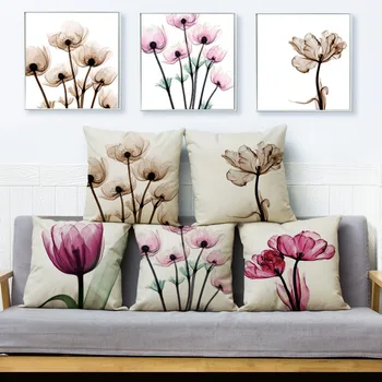 

Watercolor Transparent Flower Print Plant Cushion Cover Waist Without Filling Home Decor Square Cotton Linen Pillow Case