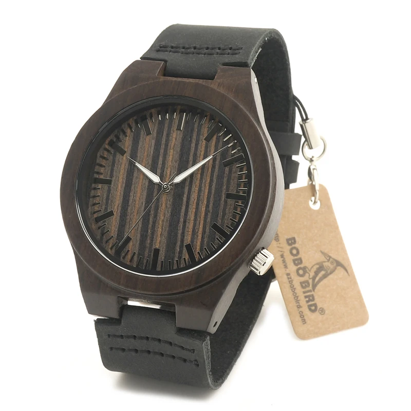 BOBO BIRD 100 Natural Ebony Wooden Bamboo Watches With Real Leather Japanese Quartz Movement Casual Watches