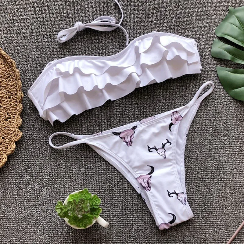 Pacento White Sexy Bikini Set Cute Bandeau Swimsuit Animal Style Flounce Swimwear Women 2018 Print Halter Bather Plavky Pacento White Sexy Bikini Set Cute Bandeau Swimsuit Animal Style Flounce Swimwear Women 2018 Print Halter Bather Plavky