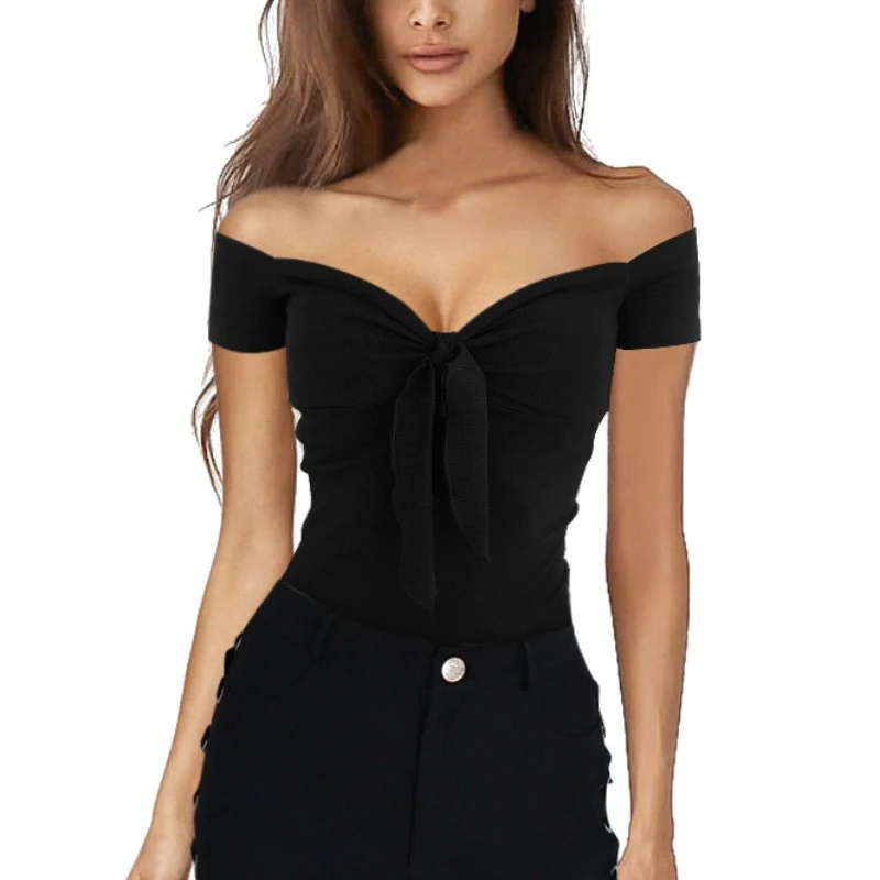 

2018 Summer Women Tops Fitted Slim Tee Shirt Femme Sexy Off Shoulder V-neck Bow Top Stretch Tee T-Shirt