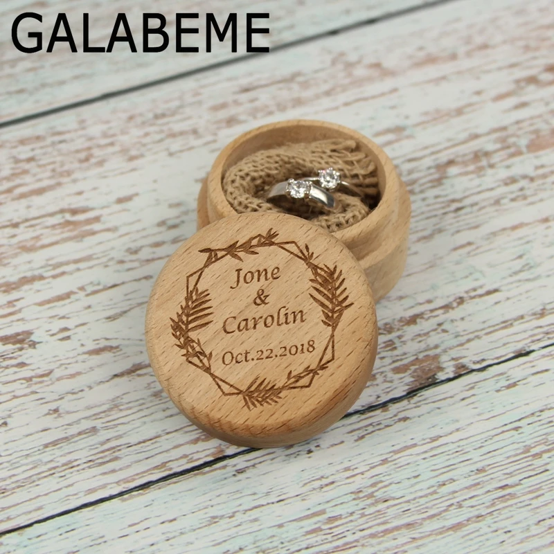 

Custom name date Rustic Wedding Ring Bearer Engraved logo Wood Round Ring Box Wedding Ring Box Wooden Personalized Ring Box