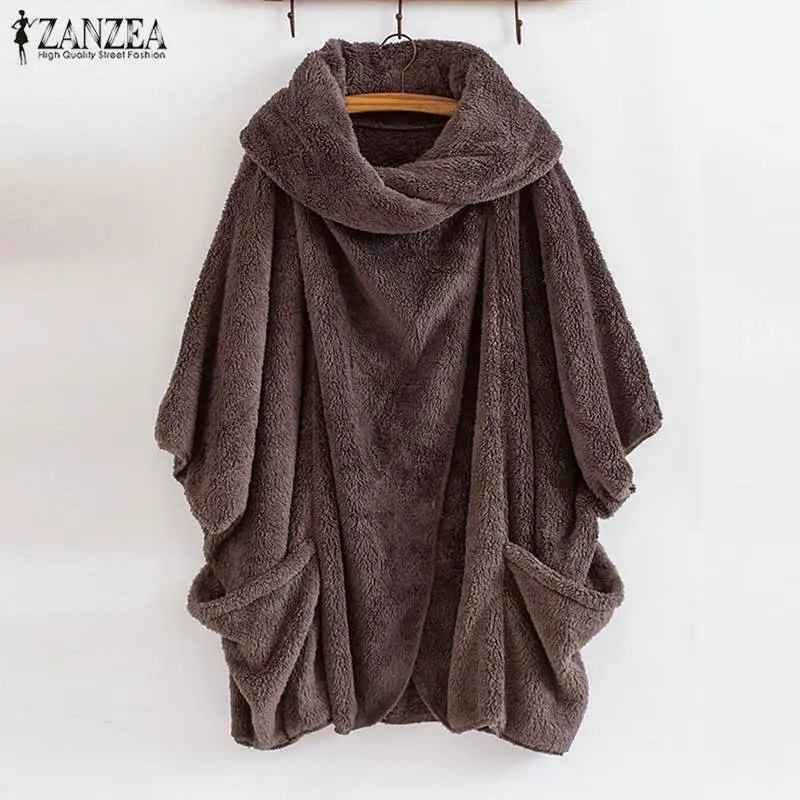 

ZANZEA 2019 Winter Warm Fluffy Jackets Women's Coats Batwing Sleeve Female Button Outwear Poncho Autumn Cardigan Plus Size Tops