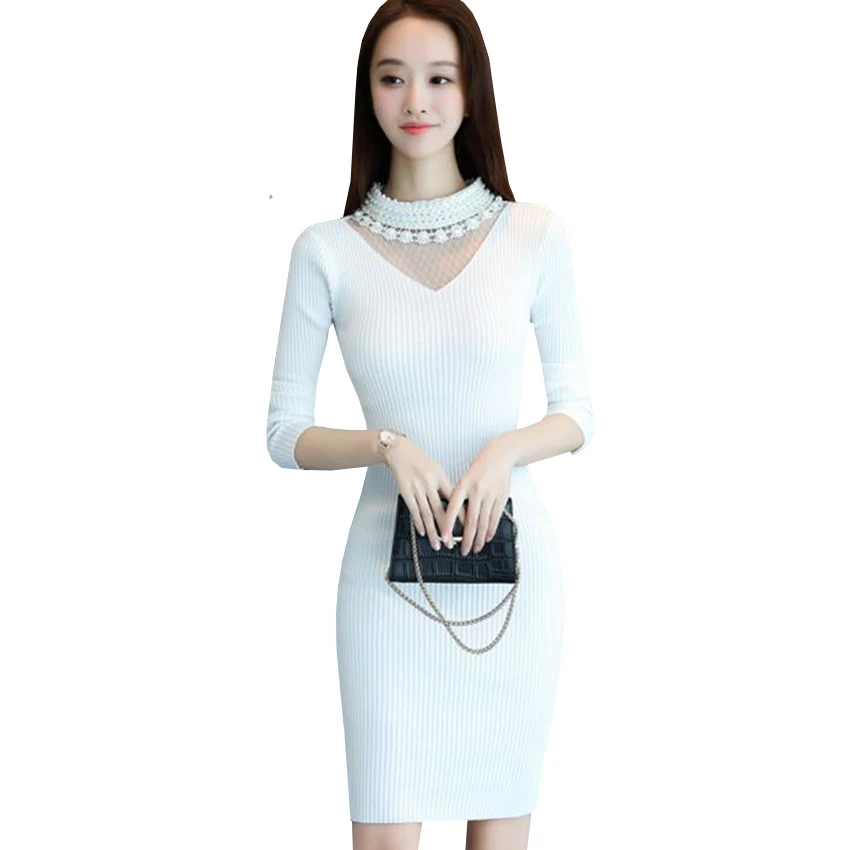 New Long Sweater Dress Autumn Winter Women Sexy Mesh patchwork Knitted Dress Lady Beading Bodycon Knitted