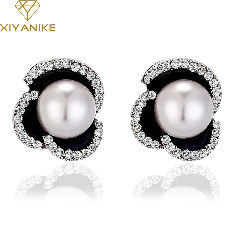 XIYANIKE Новая мода Цветок черный, красный имитирующие жемчуг, горный хрусталь серьги стержня для Для женщин Девушка Brincos вечерние аксессуары и украшения E35