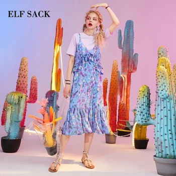

ELFSACK Summer New Woman Set Stylish Cotton Casual Women Two Piece Suit O-Neck T-shirt And Mid-Calf Dress Floral Ruffles Sets
