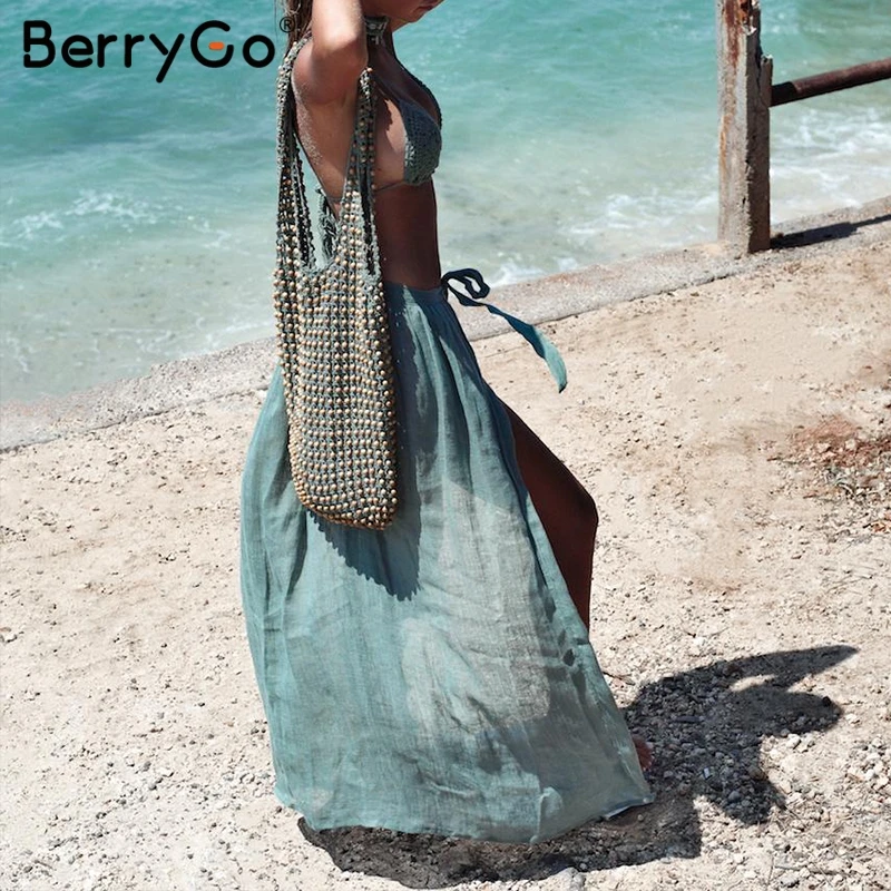 BerryGo, сексуальный, длинный, пляжный, женский, накидка, на шнуровке, купальник, прозрачные, женские юбки, модные, для праздника, хлопок, белые, саронг, юбки - Цвет: Зеленый