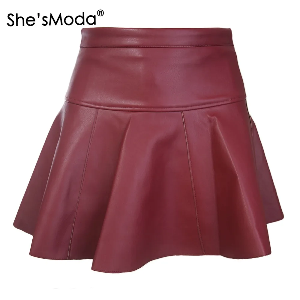 

She'sModa Pleated PU Leather Side Zipper Women's Spring & Winter Vintage Mini Skirt
