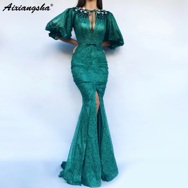 

Green Muslim Prom Evening Dress 2019 Half Sleeves Sequins Slit Islamic Dubai Saudi Arabic Mermaid Long Formal Evening Gown