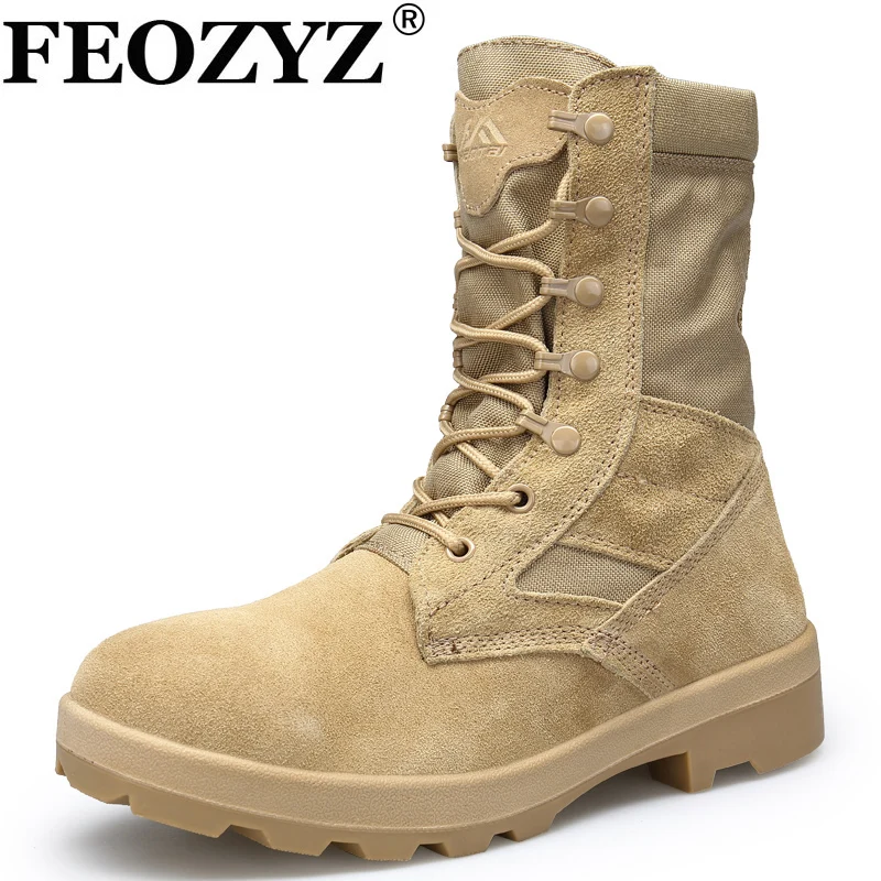 

FEOZYZ Tactical Boots Military High Top Hiking Shoes Men Waterproof Shoes Leather Outdoor Sneakers Sand / Black
