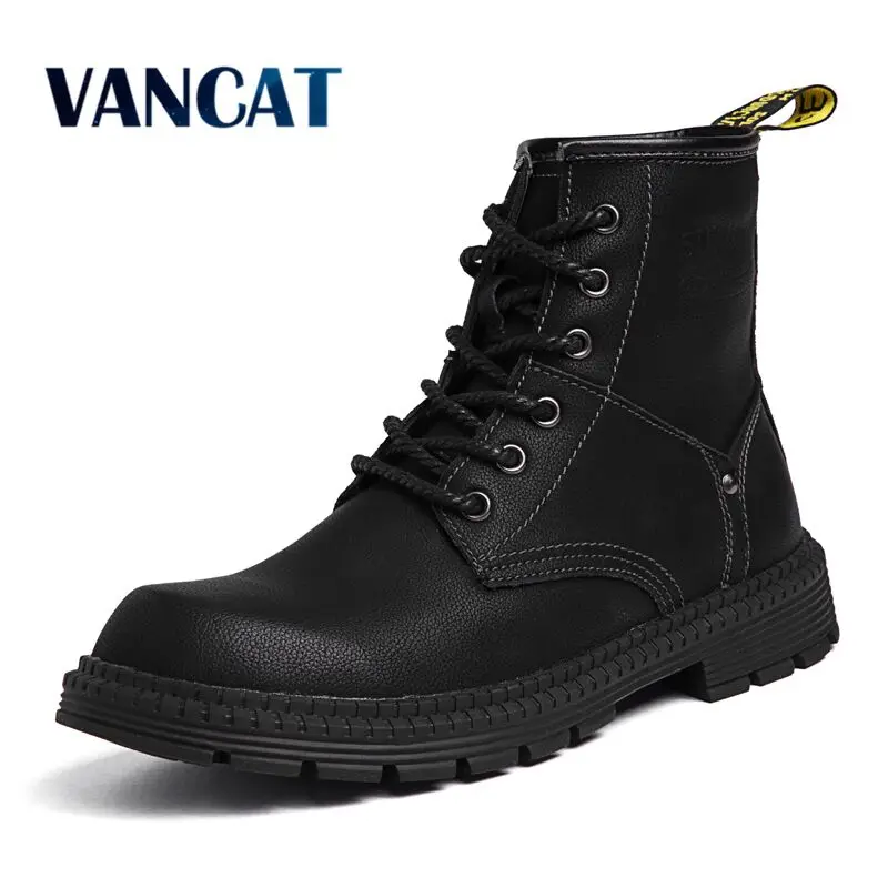 Acheter Vancat Hommes Motorcycle Boots Vintage Combat Boot Hiver Fourrure bottes de Neige bottes 2018 Nouveau Véritable Cuir Imperméable Hommes Hommes chaussures