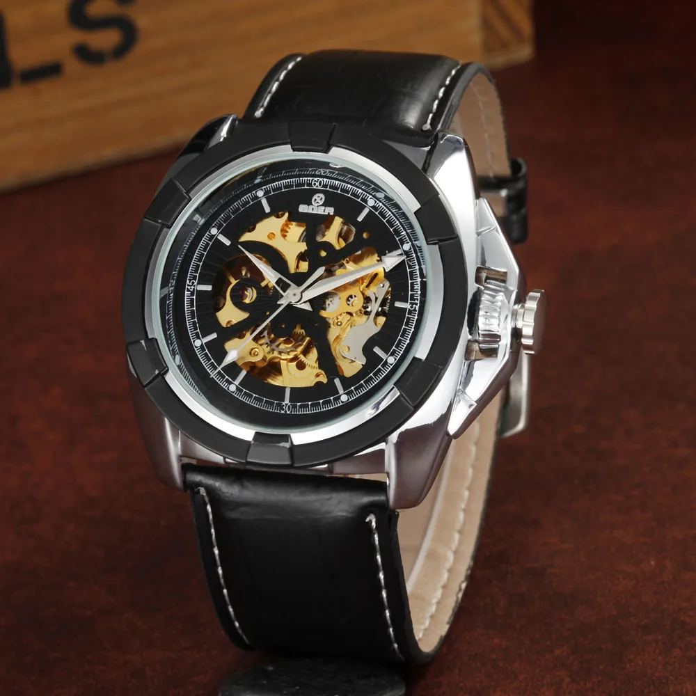 

Mechanical Watches Men Leather Automatic Self-Wind Mechanical Skeleton Watch Men Casual Sports Watches Relogio Masculino GOER