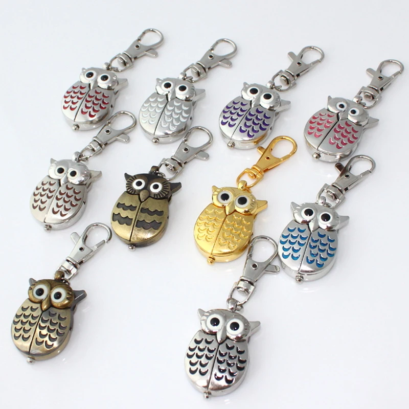 

100pcs/Lot, Mixed Bulk Metal Watches Keyring Watch Owls Quartz Pendant Pocket Key Ring Clip Watches Party Watch with Gift Bags